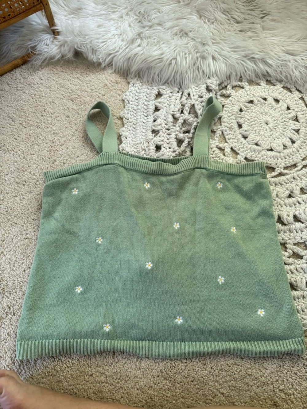 LOFT Sage Green Cotton Tank Daisy Embroidery XL